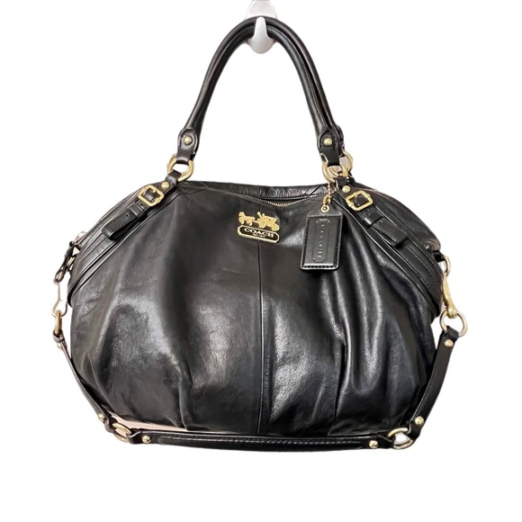 Coach Handbags - Coach Black Leather Madison Satchel 15955 Gold Hardware with long strap